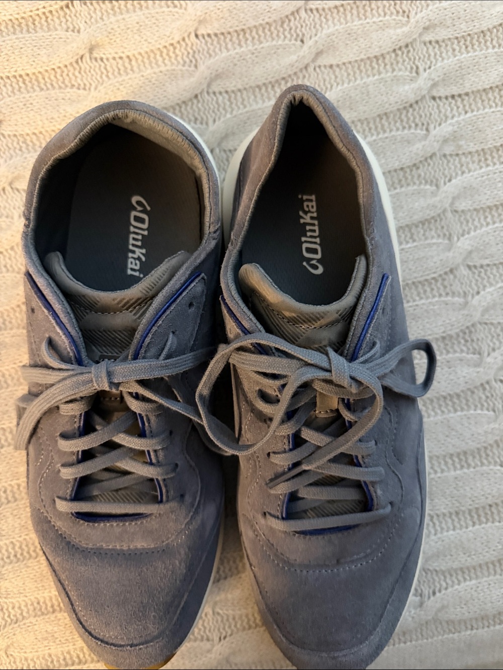 OluKai Men's Gray Suede Sneakers with Blue Trim